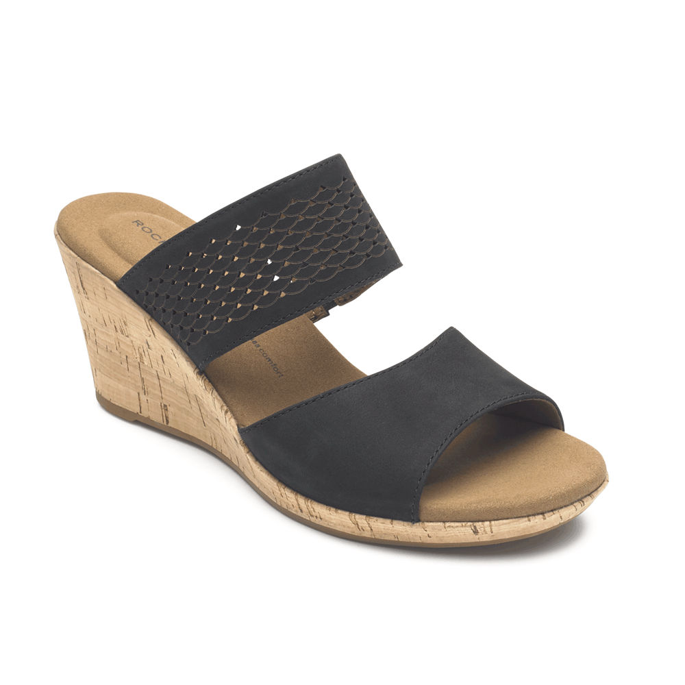 Rockport Singapore Womens Sandals - Briah Double Band Slip-On Wedge Black - WZ4698532